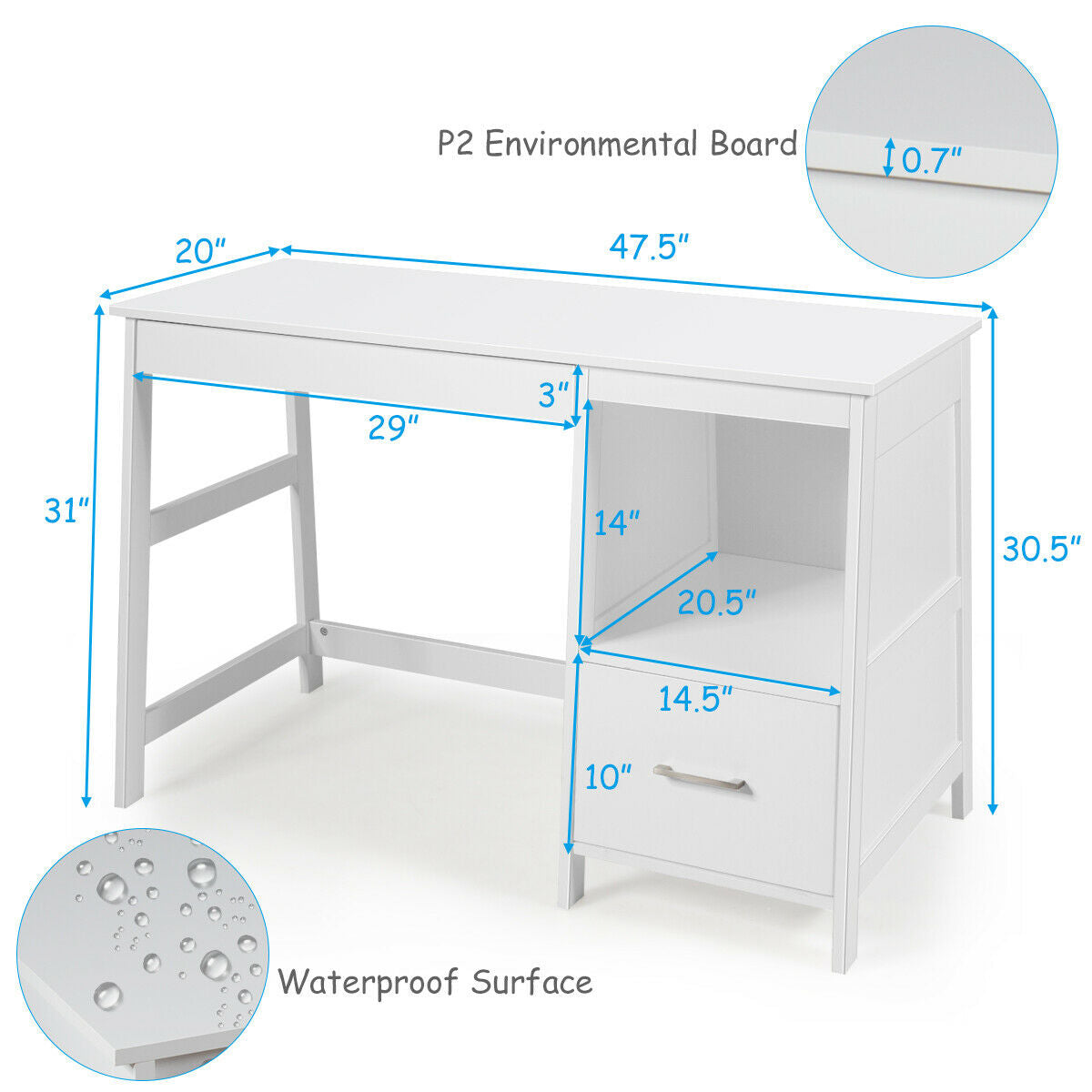 47.5 Inch Modern Computer Desk, 2 Storage Drawers, White Writing Desks at Gallery Canada