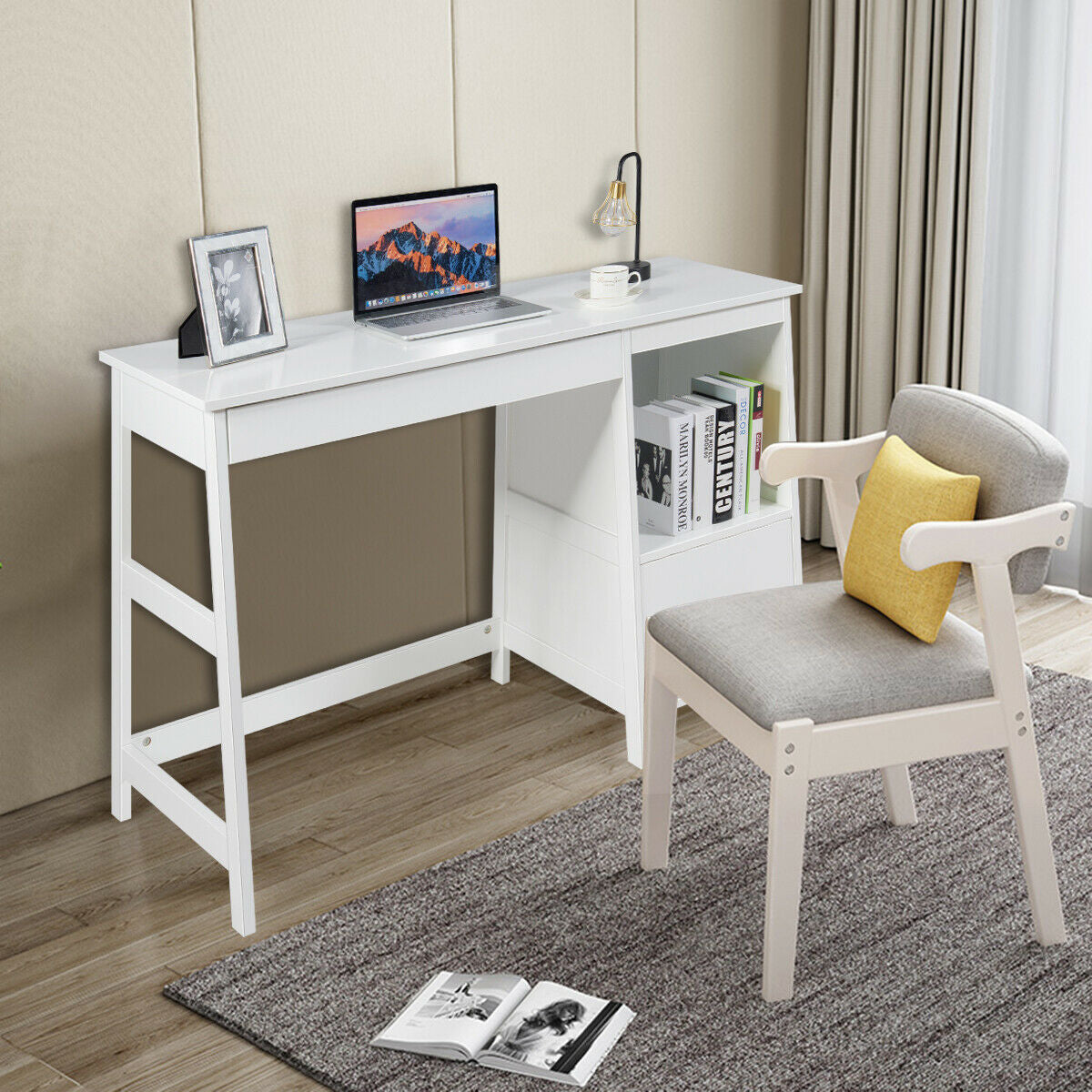 47.5 Inch Modern Computer Desk, 2 Storage Drawers, White Writing Desks at Gallery Canada