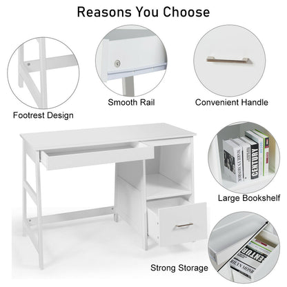 47.5 Inch Modern Computer Desk, 2 Storage Drawers, White Writing Desks at Gallery Canada