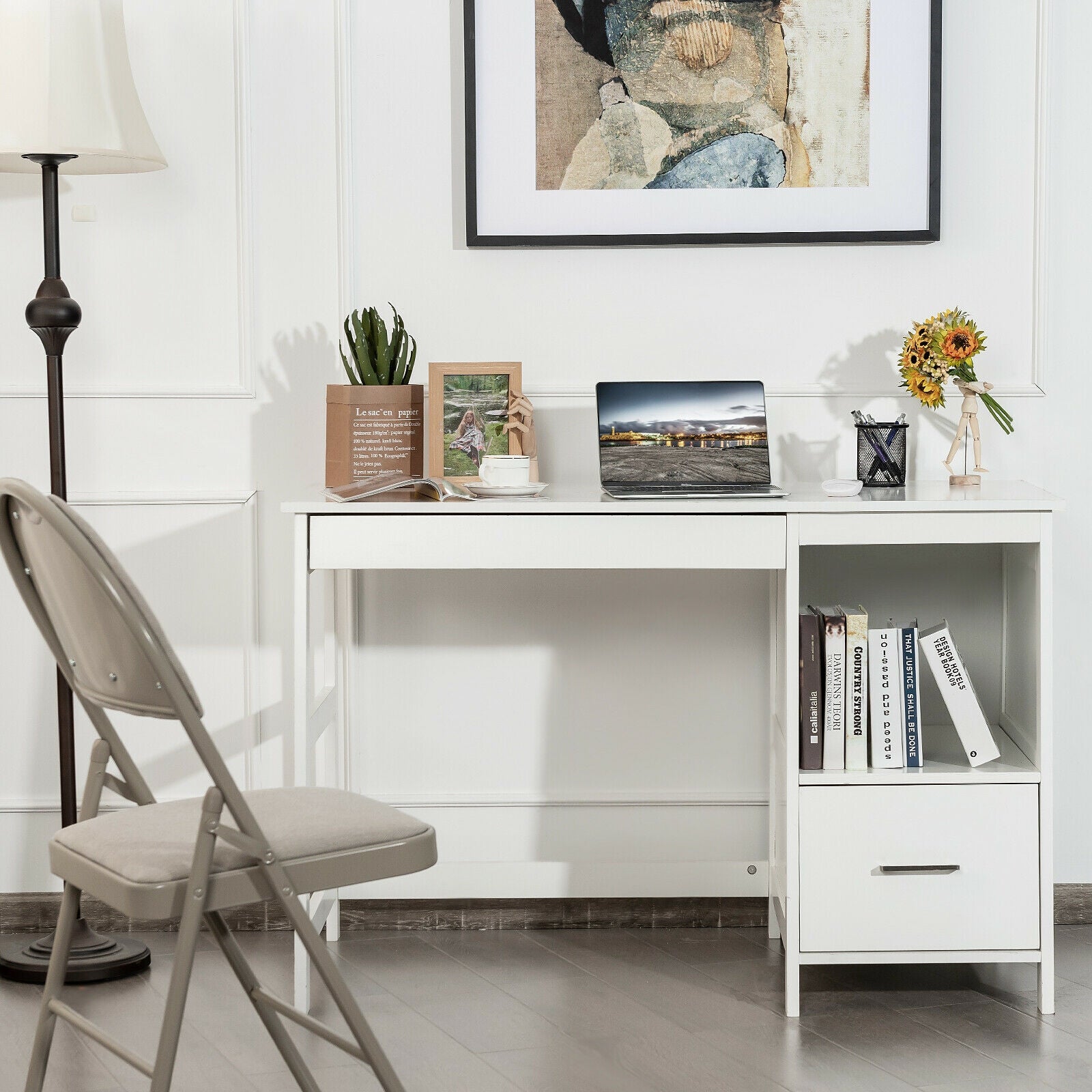 47.5 Inch Modern Computer Desk, 2 Storage Drawers, White Writing Desks at Gallery Canada