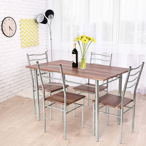 5 Pieces Wood Metal Dining Table Set with 4 Chairs, Walnut