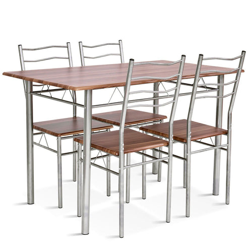 5 Pieces Wood Metal Dining Table Set with 4 Chairs, Walnut