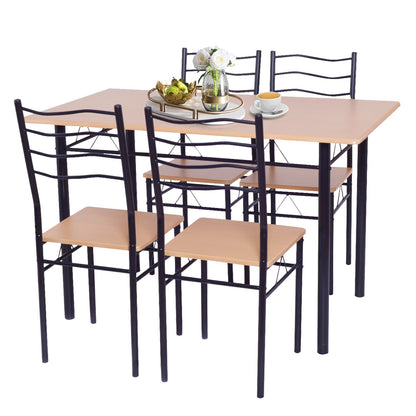5 Pieces Wood Metal Dining Table Set with 4 Chairs, Natural - Gallery Canada