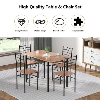 5 Pieces Wood Metal Dining Table Set with 4 Chairs, Natural - Gallery Canada