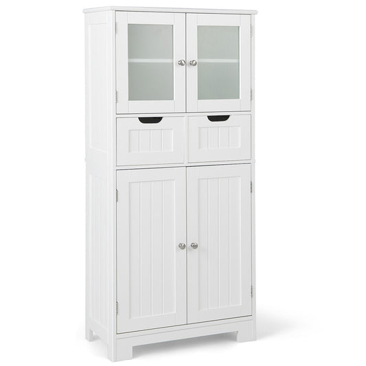 3 Tier Freee-Standing Bathroom Cabinet with 2 Drawers and Glass Doors, White Floor Cabinets White at Gallery Canada