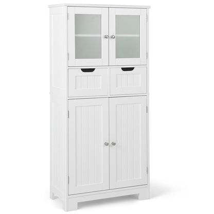 3 Tier Freee-Standing Bathroom Cabinet with 2 Drawers and Glass Doors, White Floor Cabinets at Gallery Canada