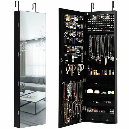 Wall And Door Mounted Mirrored Jewelry Cabinet With Lights, Black