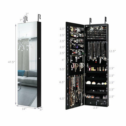 Wall And Door Mounted Mirrored Jewelry Cabinet With Lights, Black - Gallery Canada