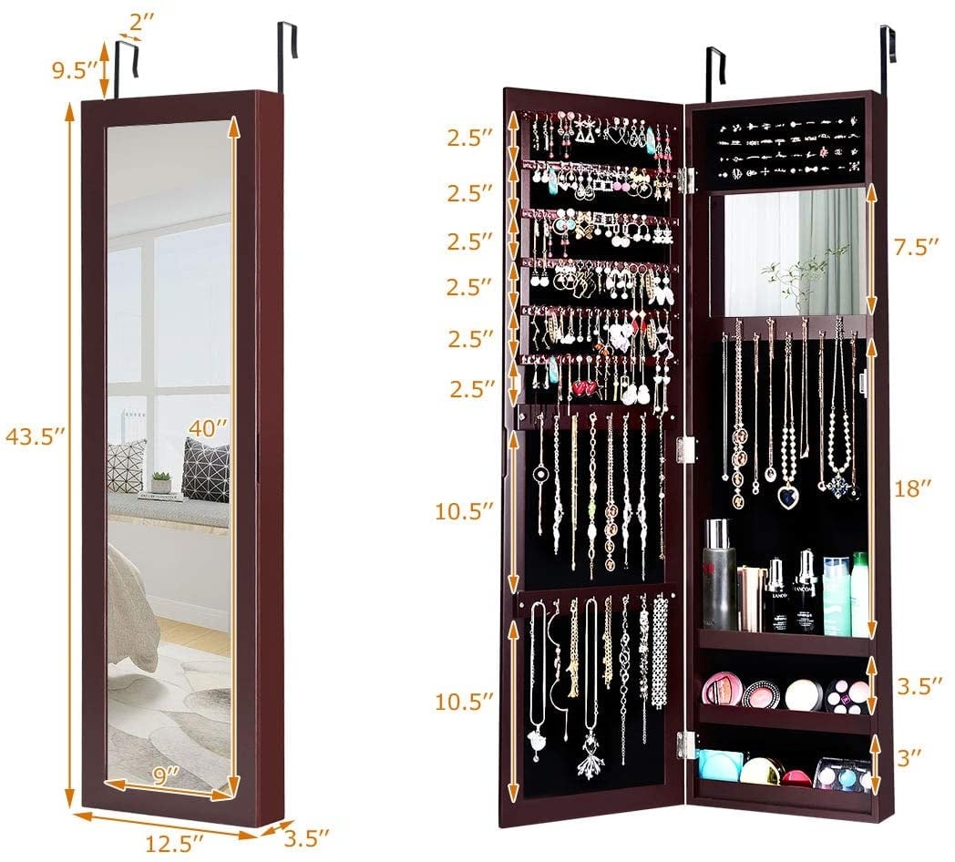 Full Length Mirror Jewelry Cabinet with Ring Slots and Necklace Hooks, Dark Brown - Gallery Canada