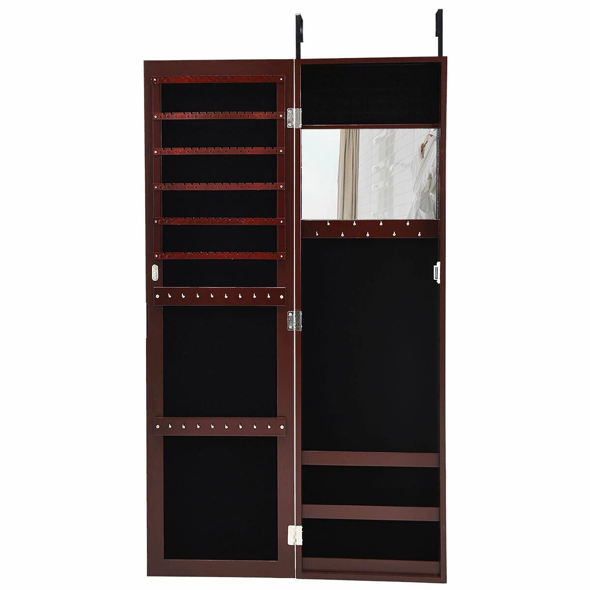 Full Length Mirror Jewelry Cabinet with Ring Slots and Necklace Hooks, Dark Brown - Gallery Canada
