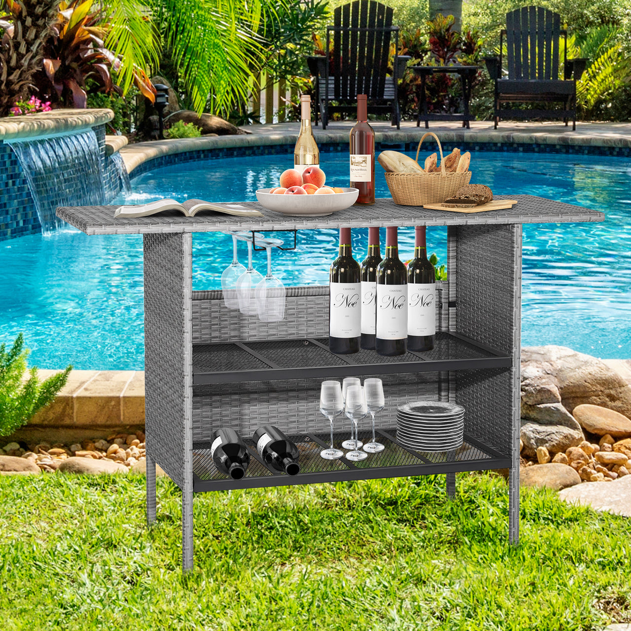 Outdoor Patio Wicker Bar Table with Metal Shelves - Gallery View 2 of 11