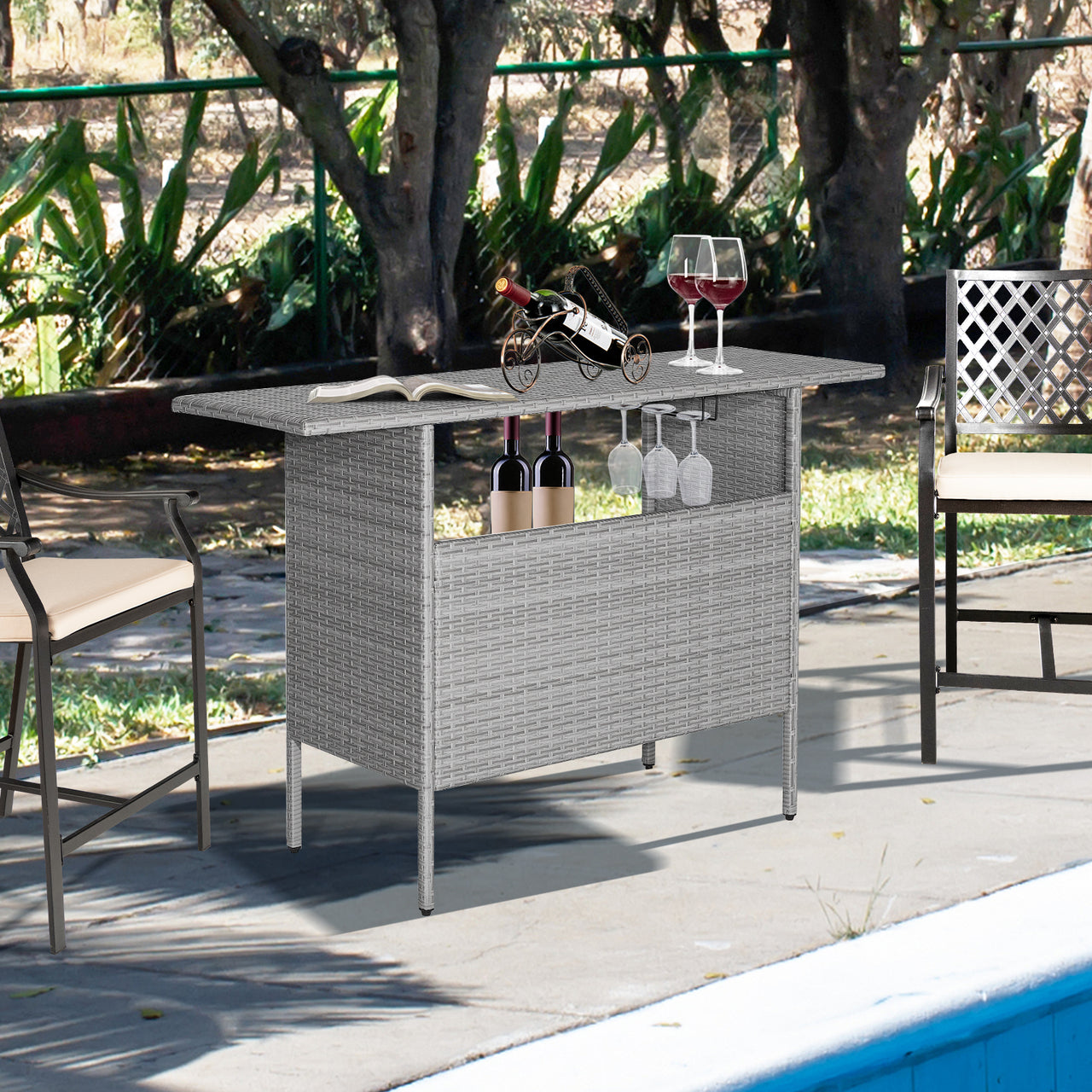 Outdoor Patio Wicker Bar Table with Metal Shelves - Gallery View 6 of 11