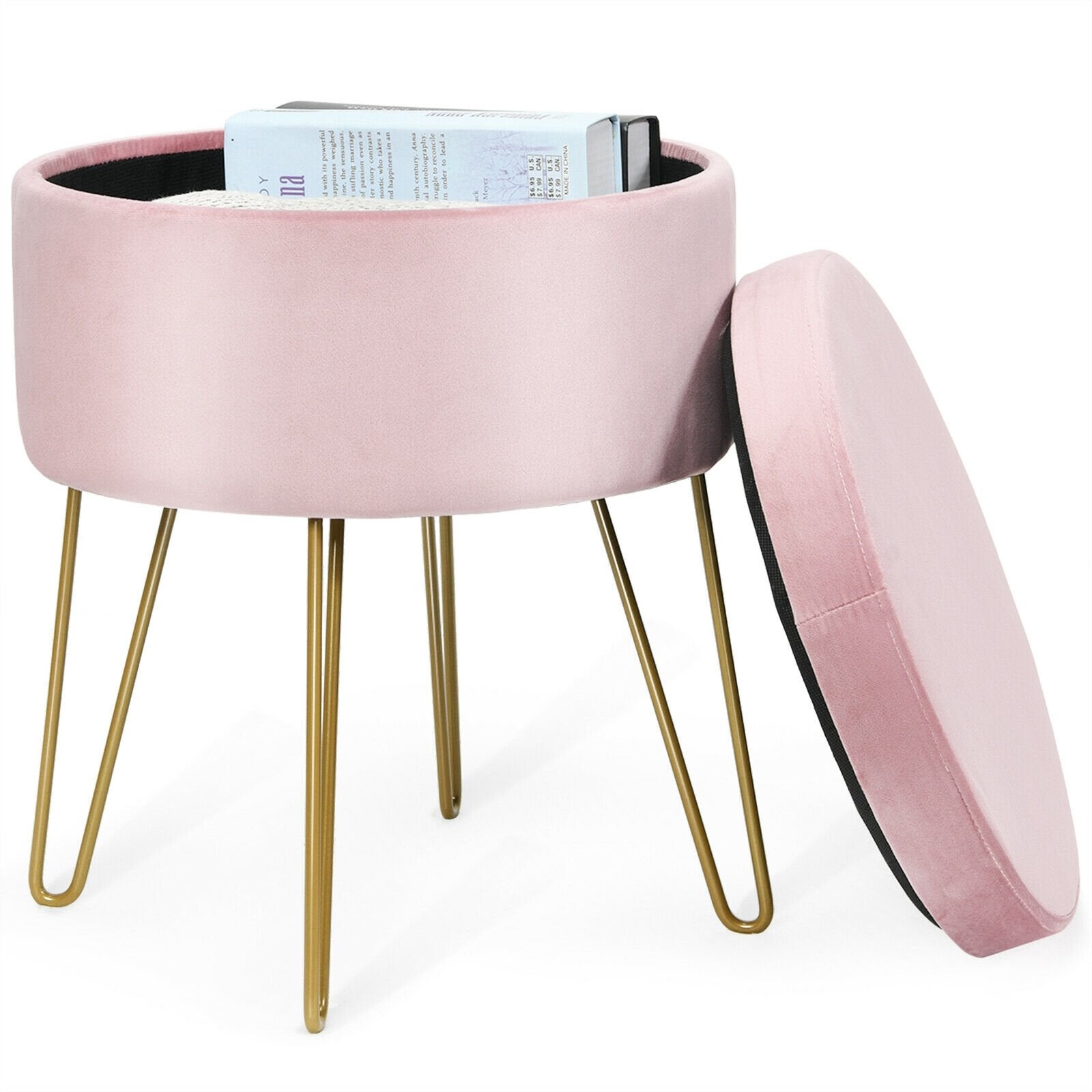 Round Velvet Storage Ottoman Footrest Stool Vanity Chair with Metal Legs, Pink - Gallery Canada