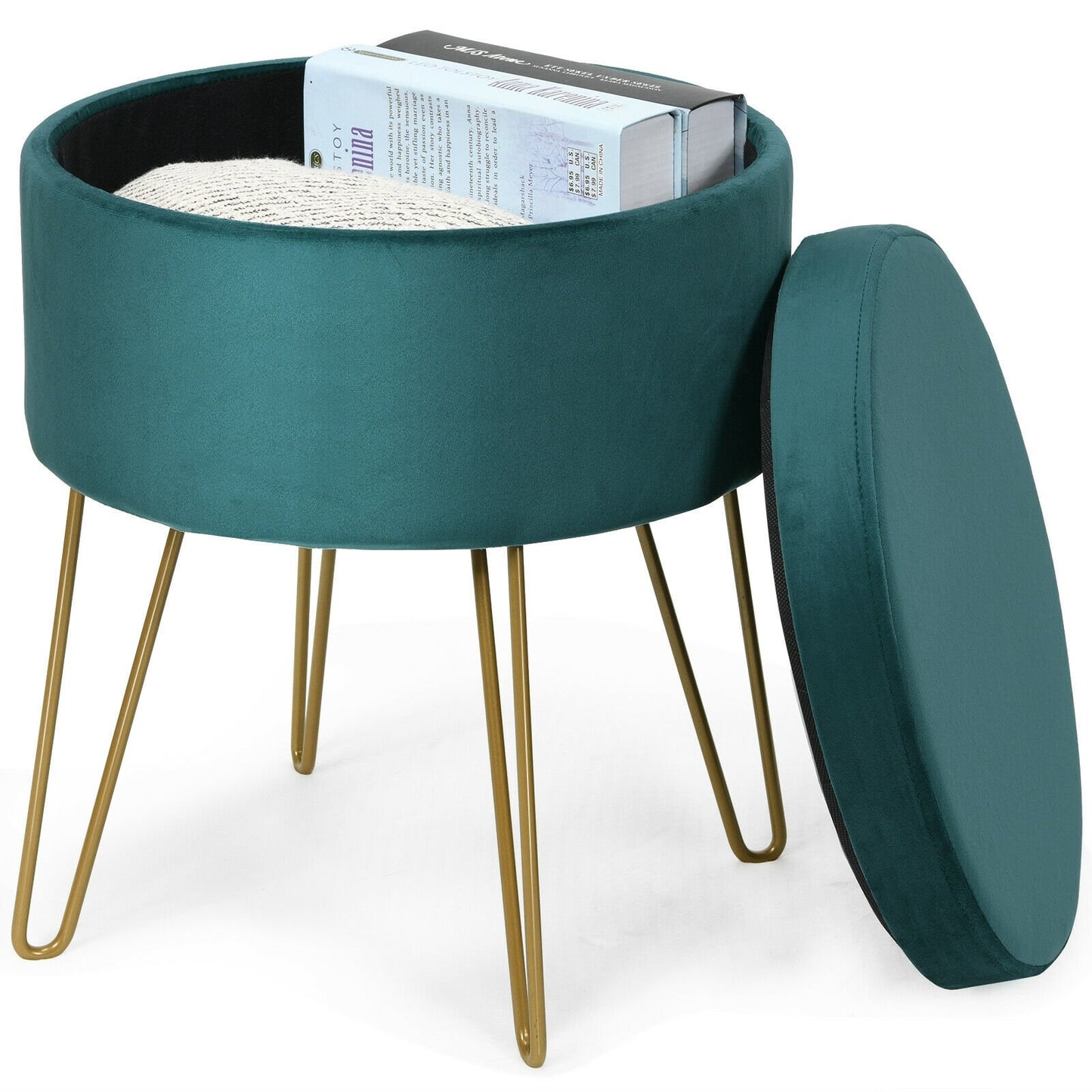 Round Velvet Storage Ottoman Footrest Stool Vanity Chair with Metal Legs, Dark Green - Gallery Canada