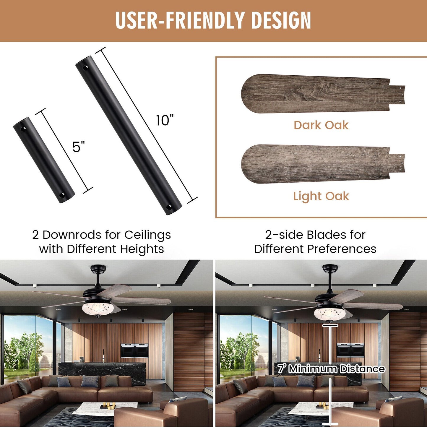 52 Inches Ceiling Fan with Remote Control, Oak