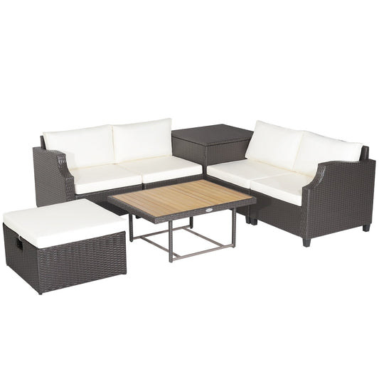 7 Pieces Hand-Woven Wicker Outdoor Furniture Set with Acacia Wood Coffee Table, White - Gallery Canada