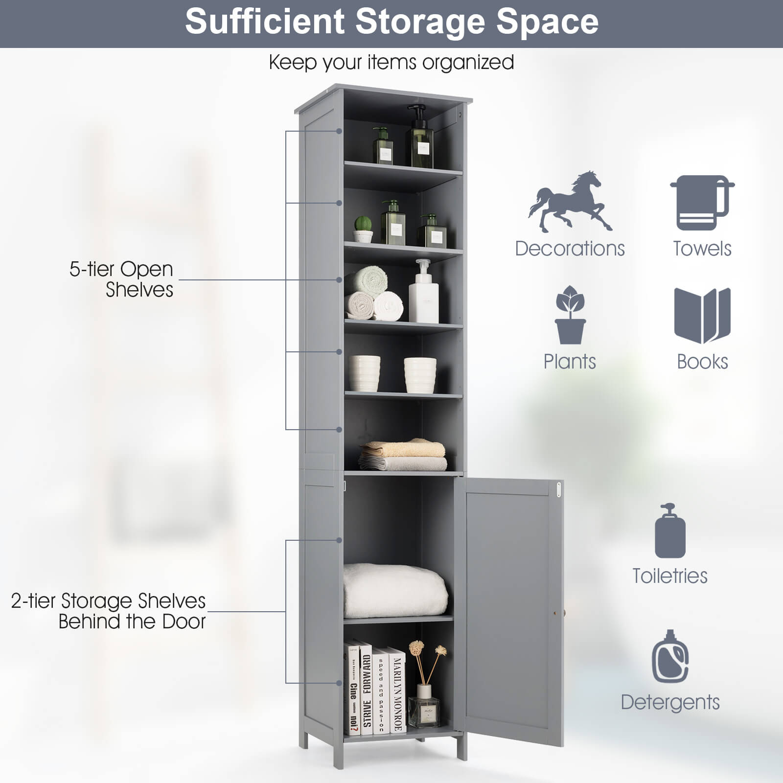 72 Inches Free Standing Tall Floor Bathroom Storage Cabinet, Gray Floor Cabinets at Gallery Canada