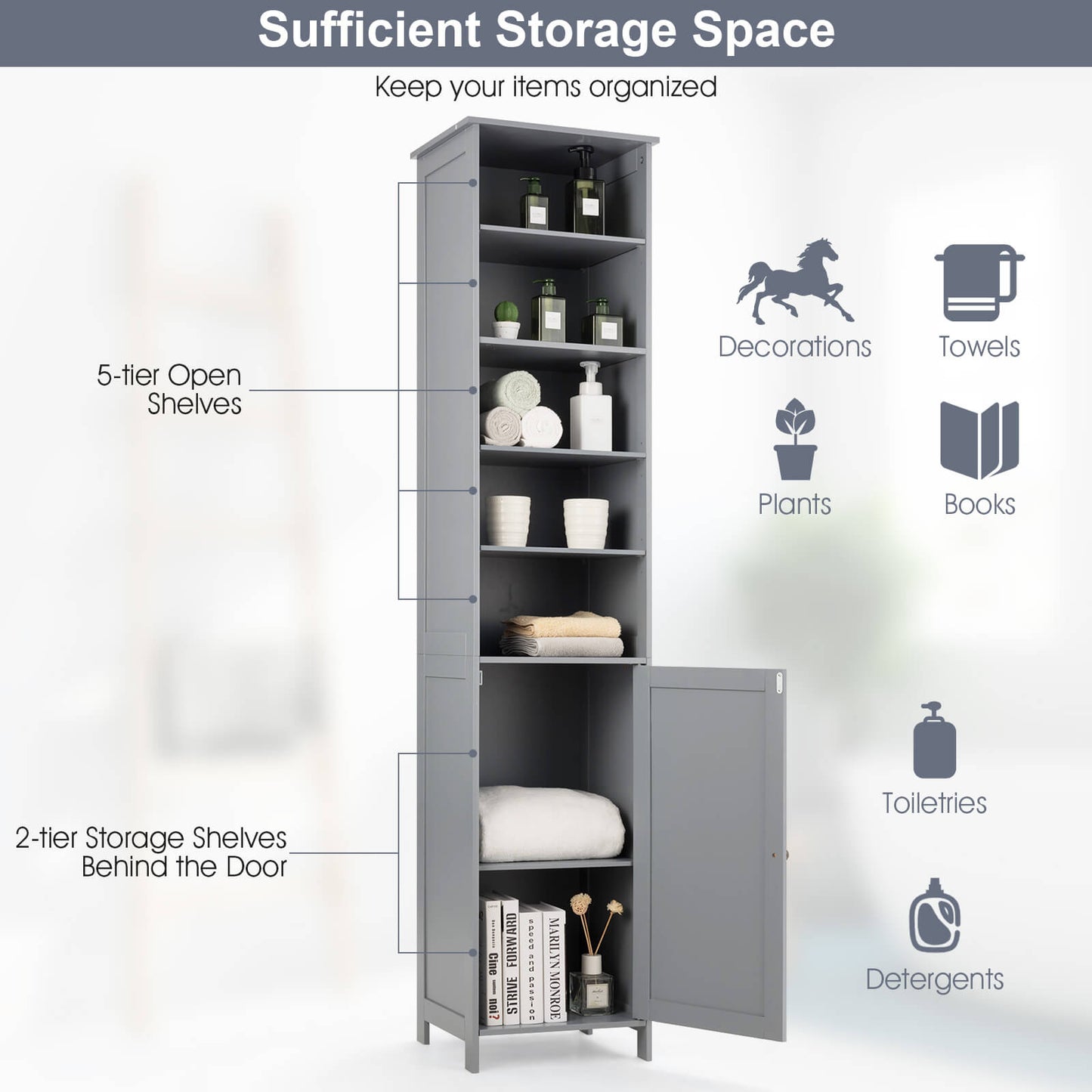 72 Inches Free Standing Tall Floor Bathroom Storage Cabinet, Gray Floor Cabinets at Gallery Canada
