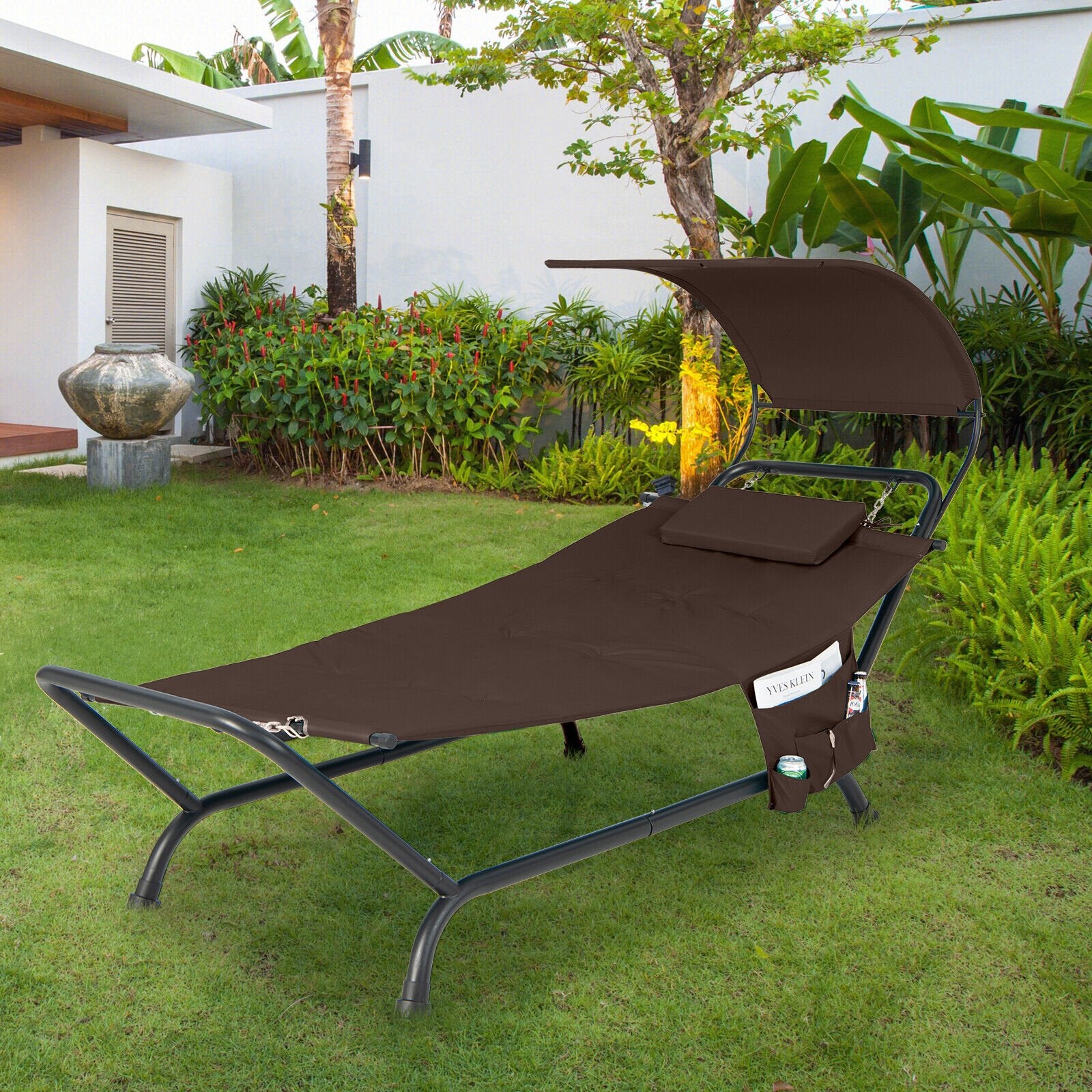 Patio Hanging Chaise Lounge Chair with Canopy Cushion Pillow and Storage Bag, Brown - Gallery Canada