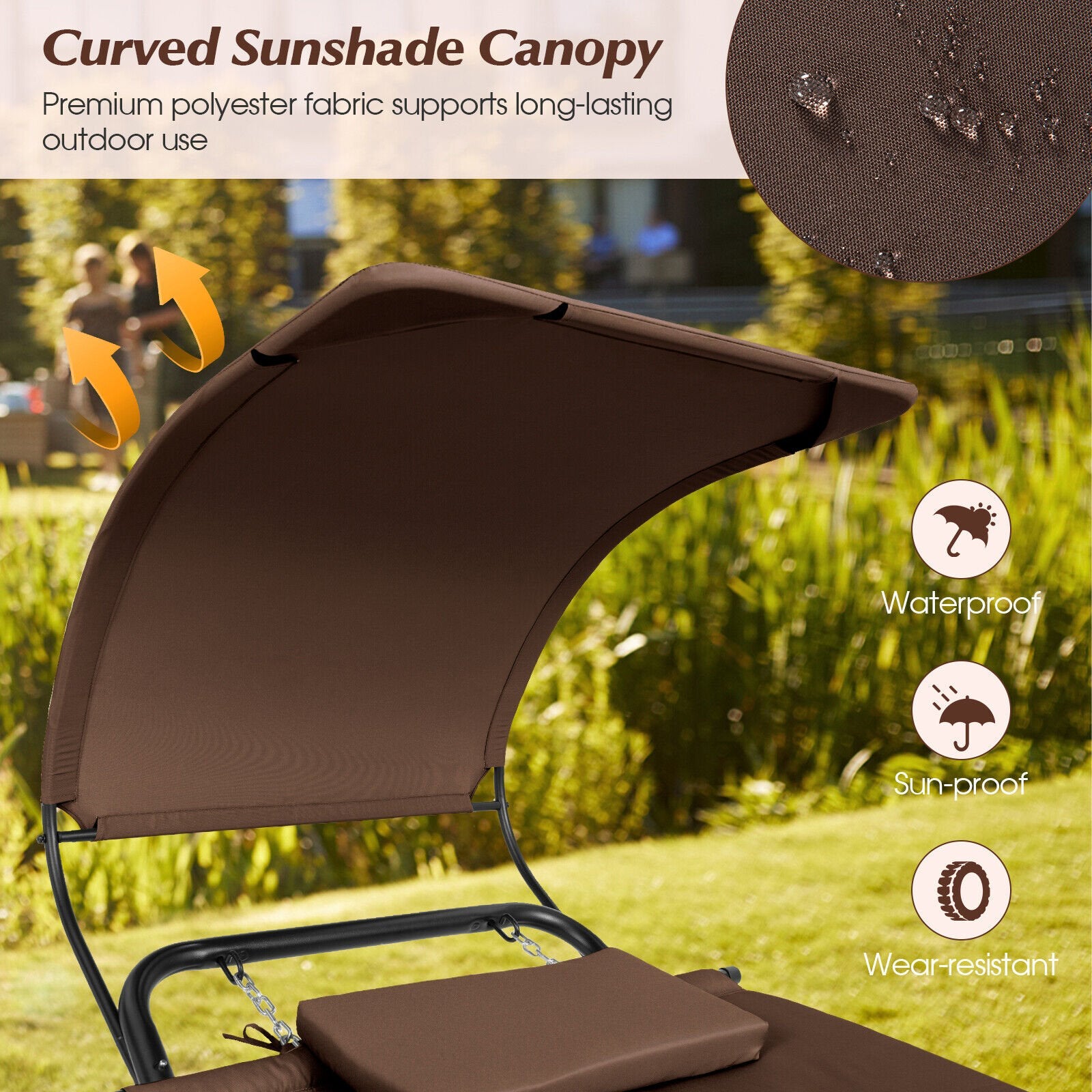 Patio Hanging Chaise Lounge Chair with Canopy Cushion Pillow and Storage Bag, Brown - Gallery Canada