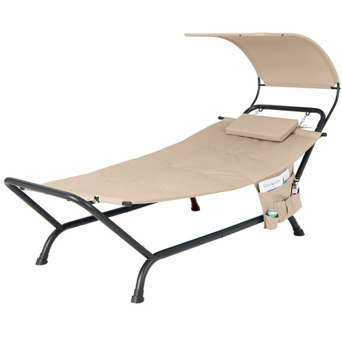 Patio Hanging Chaise Lounge Chair with Canopy Cushion Pillow and Storage Bag, Beige