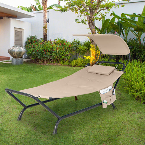 Patio Hanging Chaise Lounge Chair with Canopy Cushion Pillow and Storage Bag, Beige