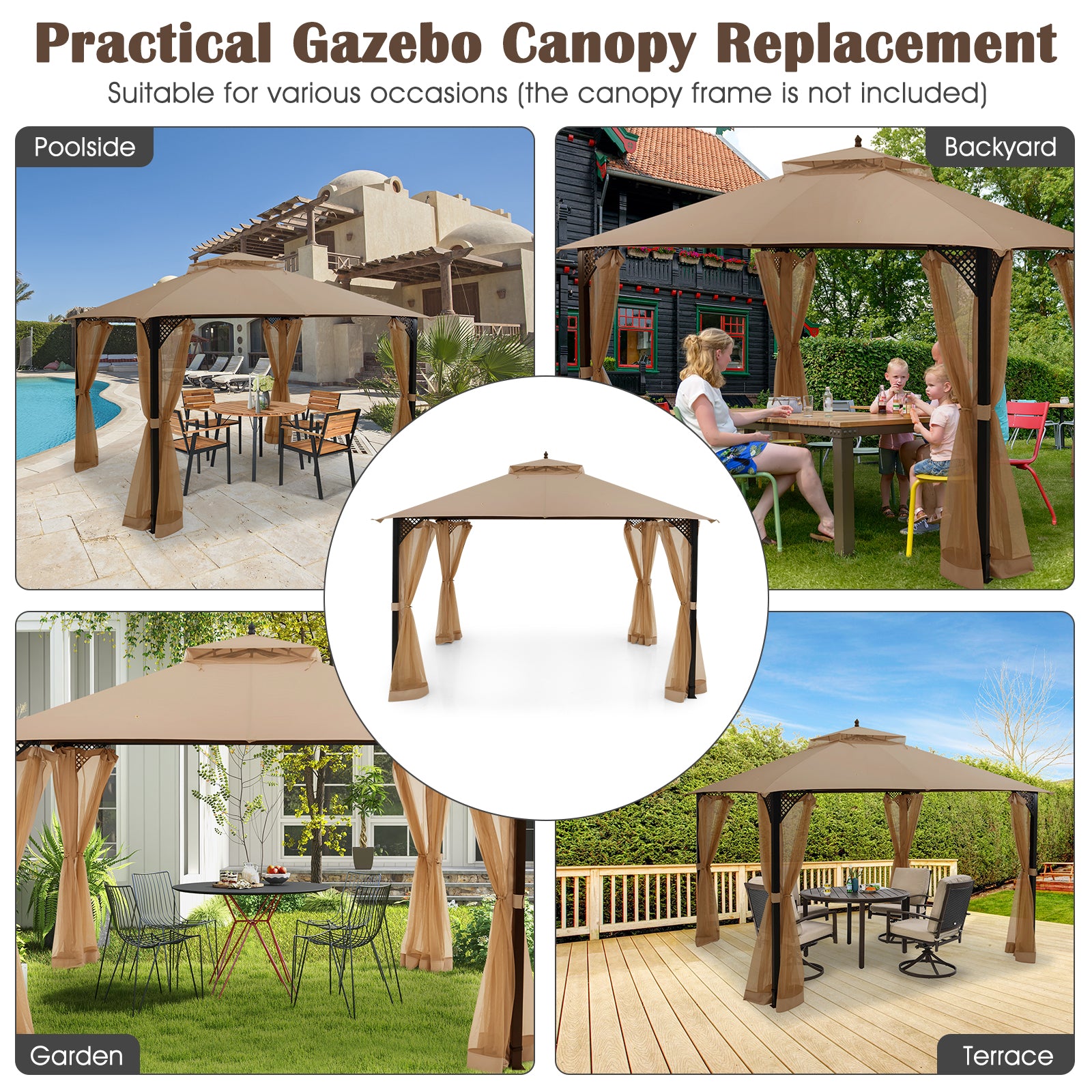 10 x 12 Feet Gazebo Replacement Top with Air Vent and Drainage Holes, Brown Gazebos at Gallery Canada