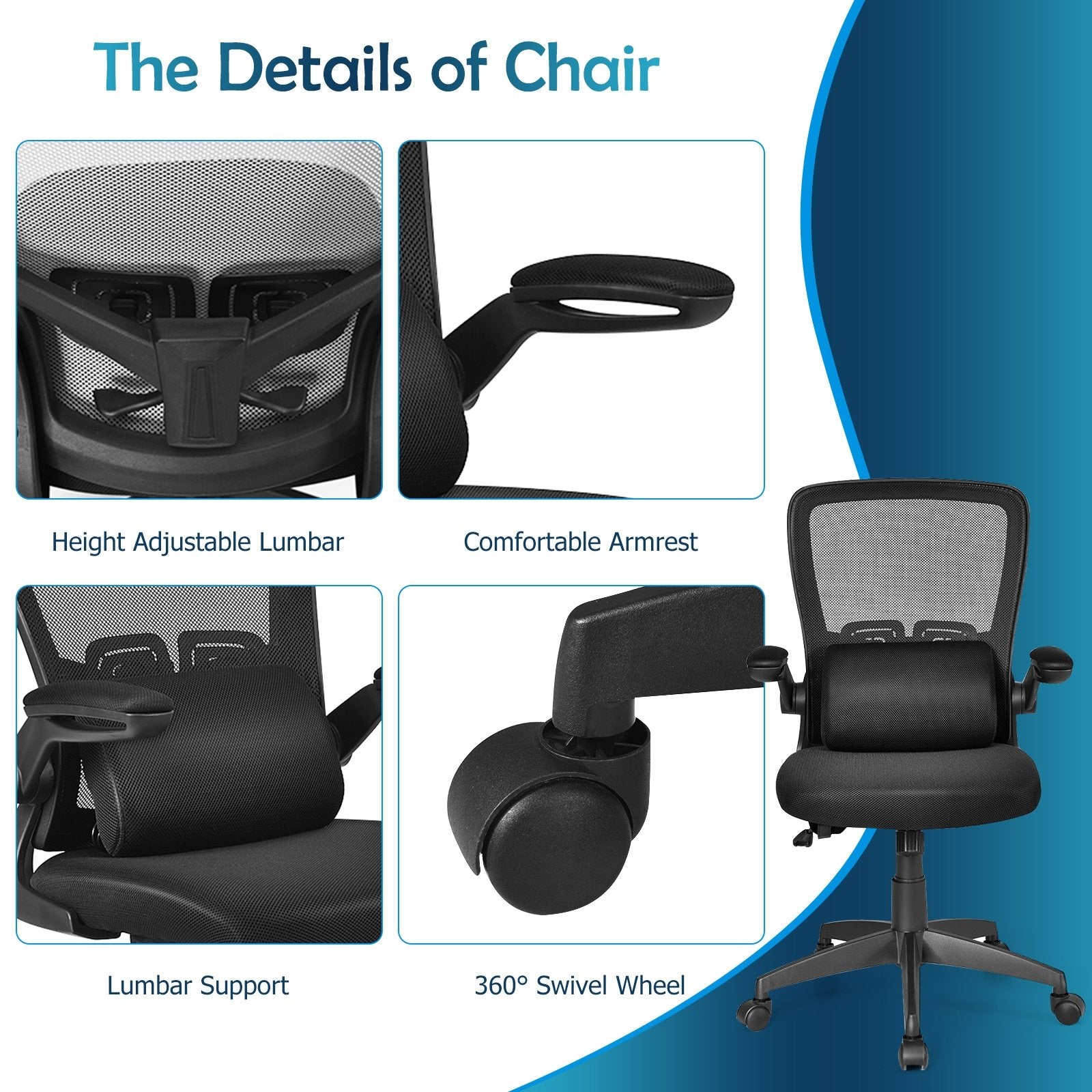 Ergonomic Desk Chair with Lumbar Support and Flip up Armrest, Black - Gallery Canada