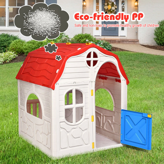 Kids Cottage Playhouse Foldable Plastic Indoor Outdoor Toy, Multicolor - Gallery Canada