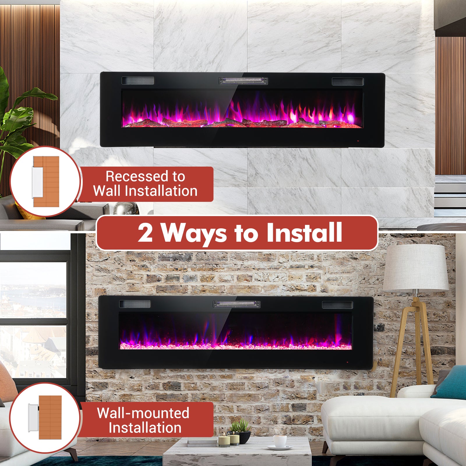60 Inches Ultra-thin Electric Fireplace with Remote Control and Timer Function, Black Fireplaces at Gallery Canada