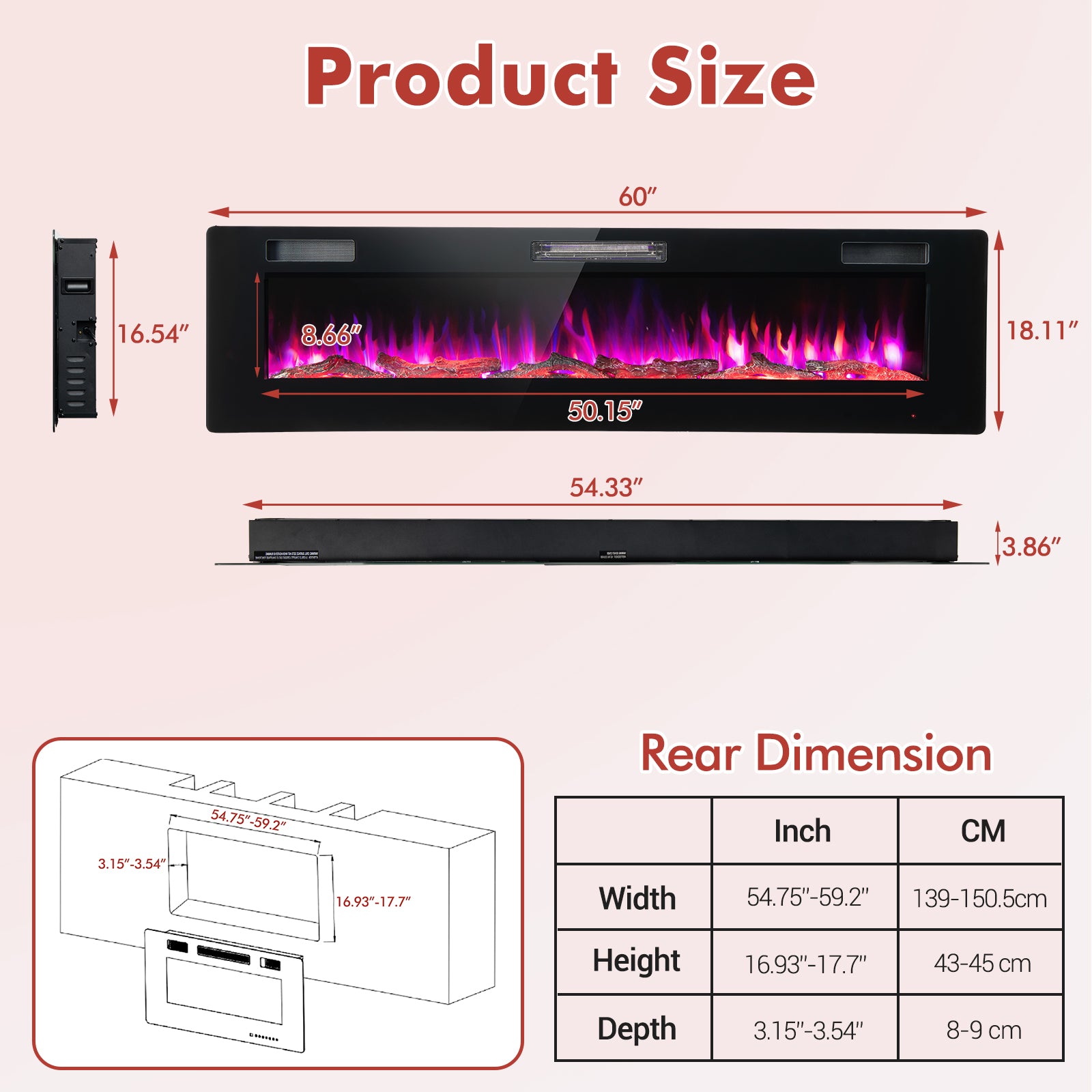 60 Inches Ultra-thin Electric Fireplace with Remote Control and Timer Function, Black Fireplaces at Gallery Canada