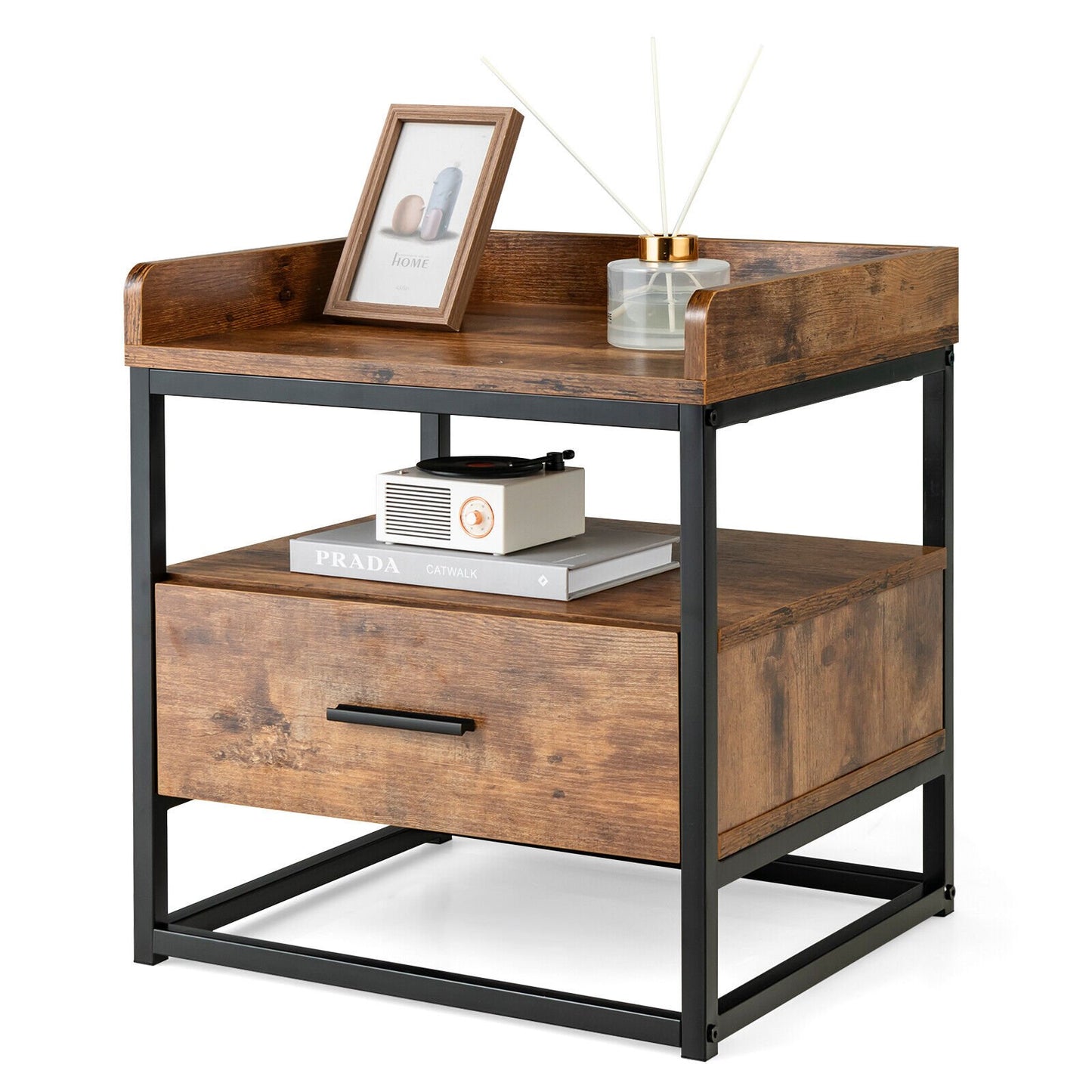 3-tier Nightstand with Drawer and Raised Top Baffles, Rustic Brown - Gallery Canada