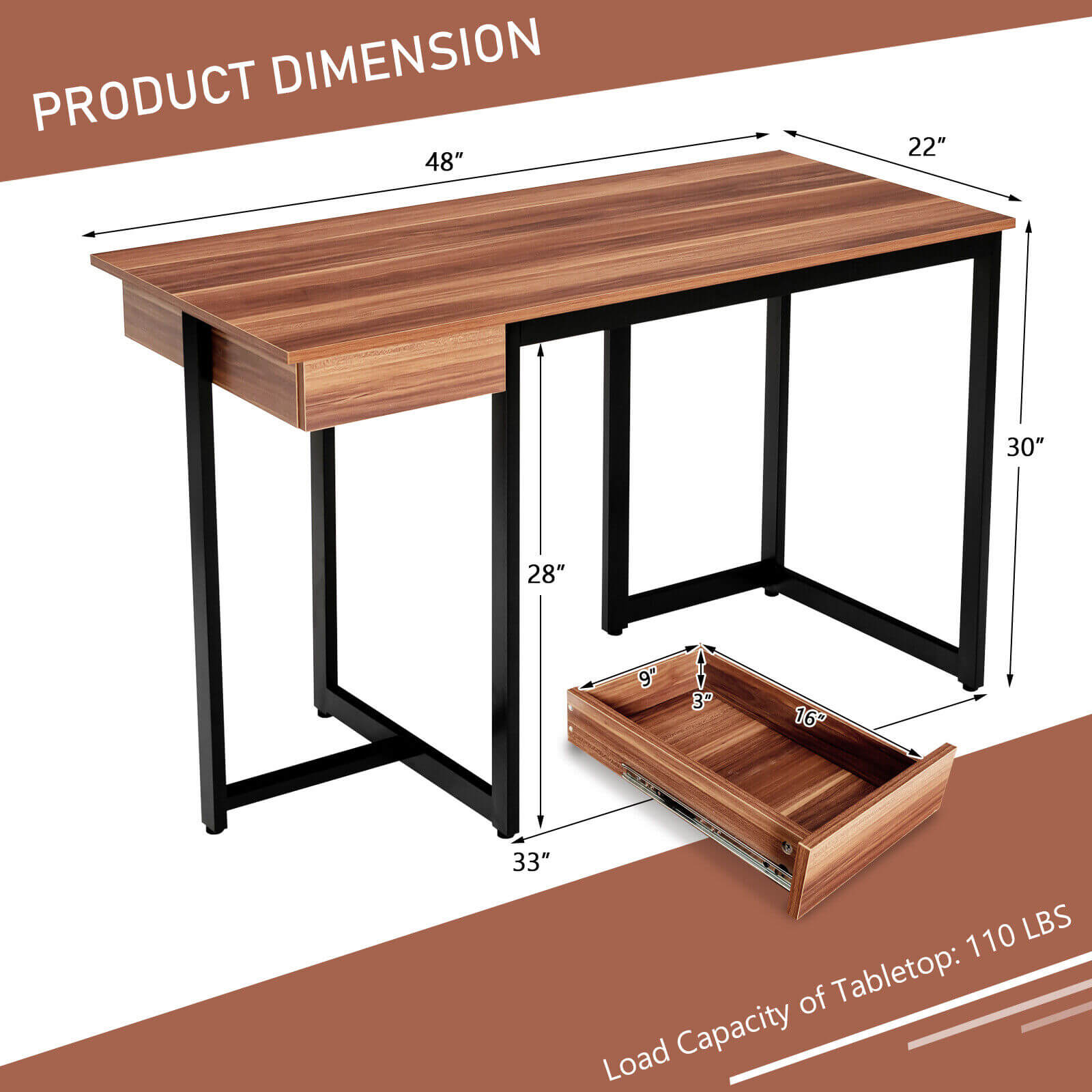 48" Computer Desk with Metal Frame and Adjustable Pads, Walnut - Gallery Canada