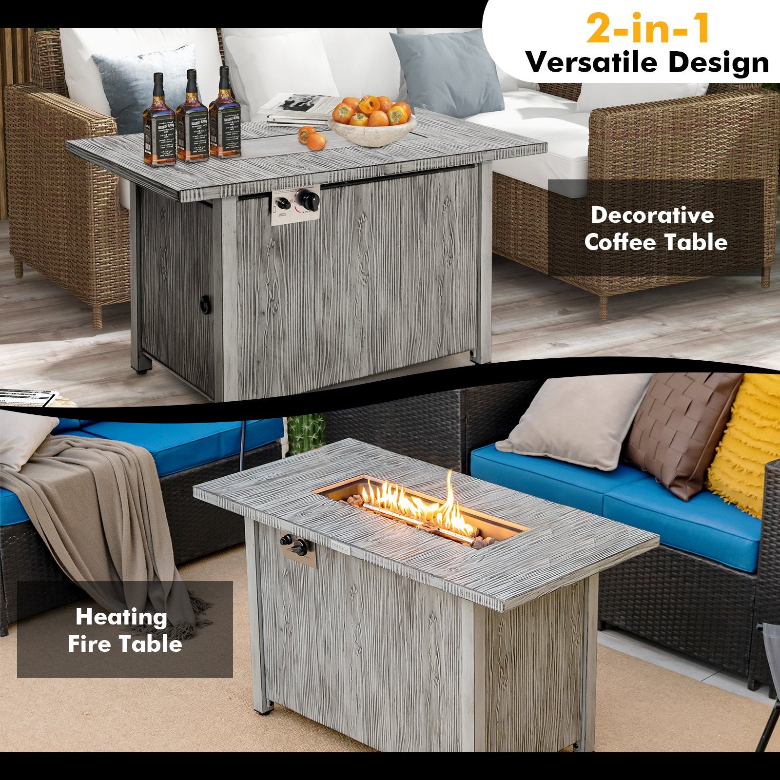 43 Inch 50 000 BTU Propane Fire Pit Table with Removable Lid, Gray - Gallery Canada
