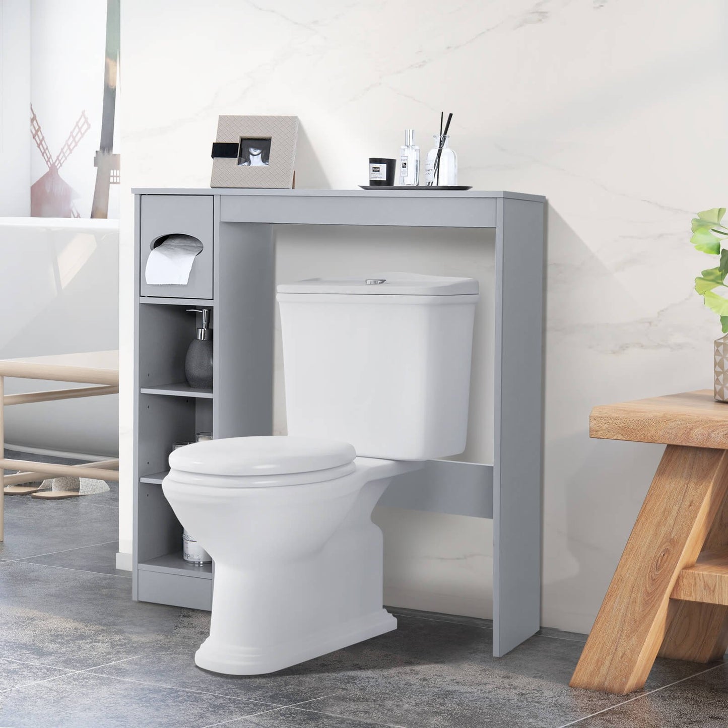 Wooden Over the Toilet Storage Cabinet Bathroom Space Saver with Paper Holder, Gray - Gallery Canada