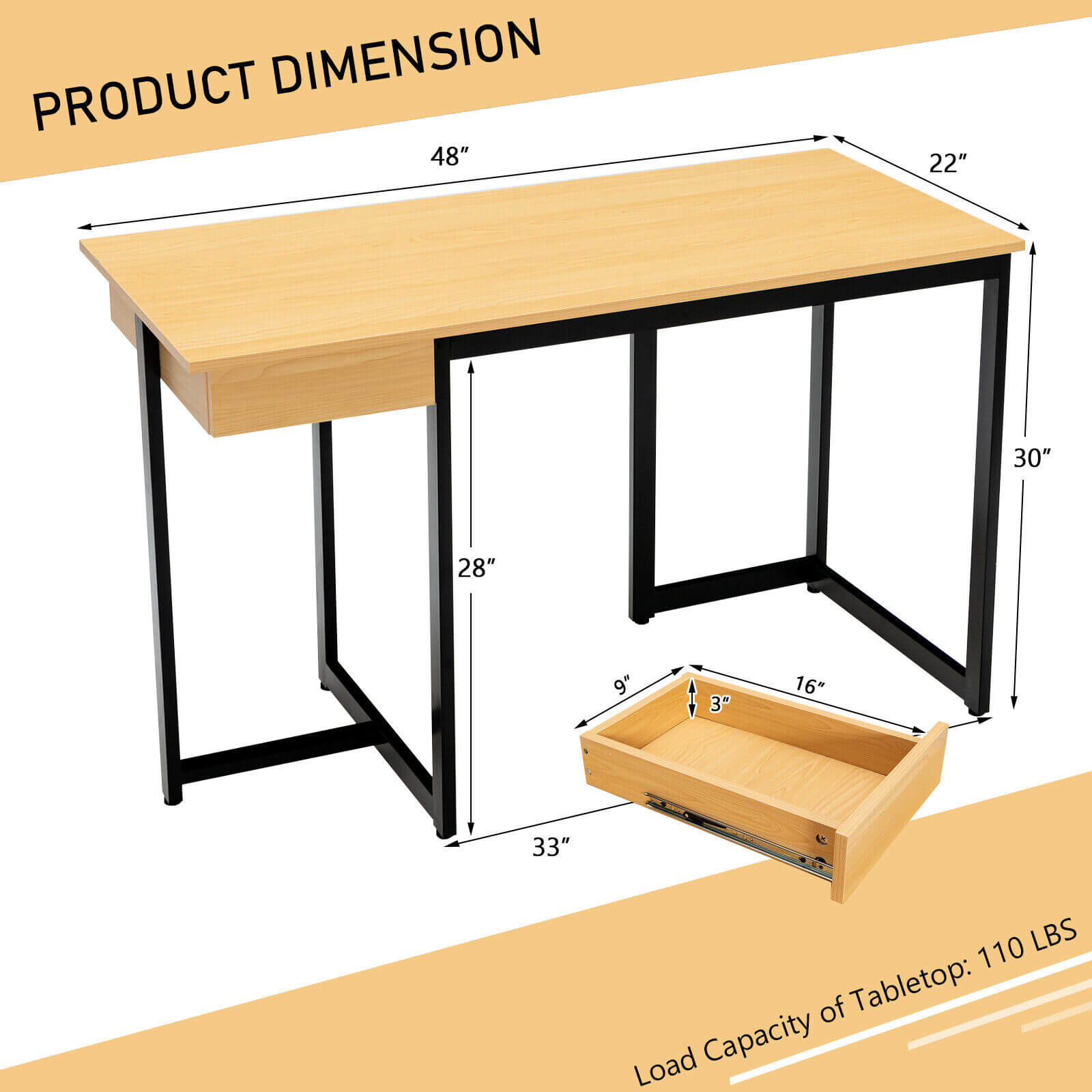 48" Computer Desk with Metal Frame and Adjustable Pads, Natural - Gallery Canada