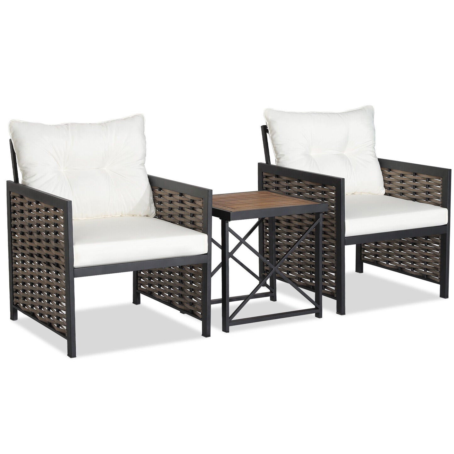 3-Piece Patio Rattan Set, Acacia Wood Tabletop, White