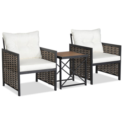 3-Piece Patio Rattan Set, Acacia Wood Tabletop, White