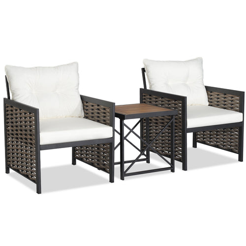 3-Piece Patio Rattan Set, Acacia Wood Tabletop, White