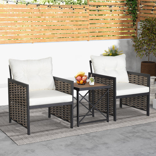 3-Piece Patio Rattan Set, Acacia Wood Tabletop, White