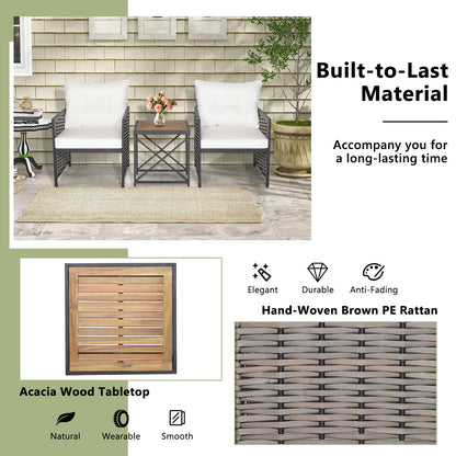 3-Piece Patio Rattan Set, Acacia Wood Tabletop, White