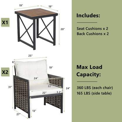 3-Piece Patio Rattan Set, Acacia Wood Tabletop, White