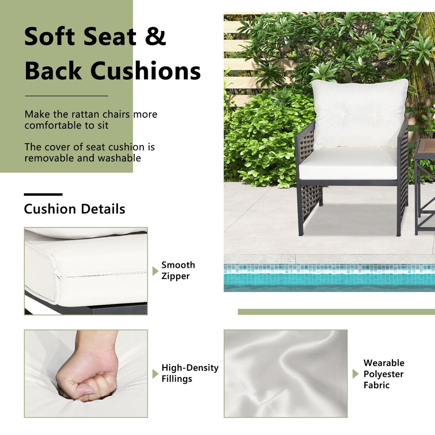 3-Piece Patio Rattan Set, Acacia Wood Tabletop, White
