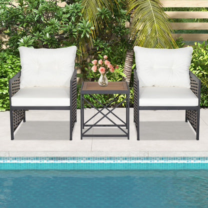 3-Piece Patio Rattan Set, Acacia Wood Tabletop, White