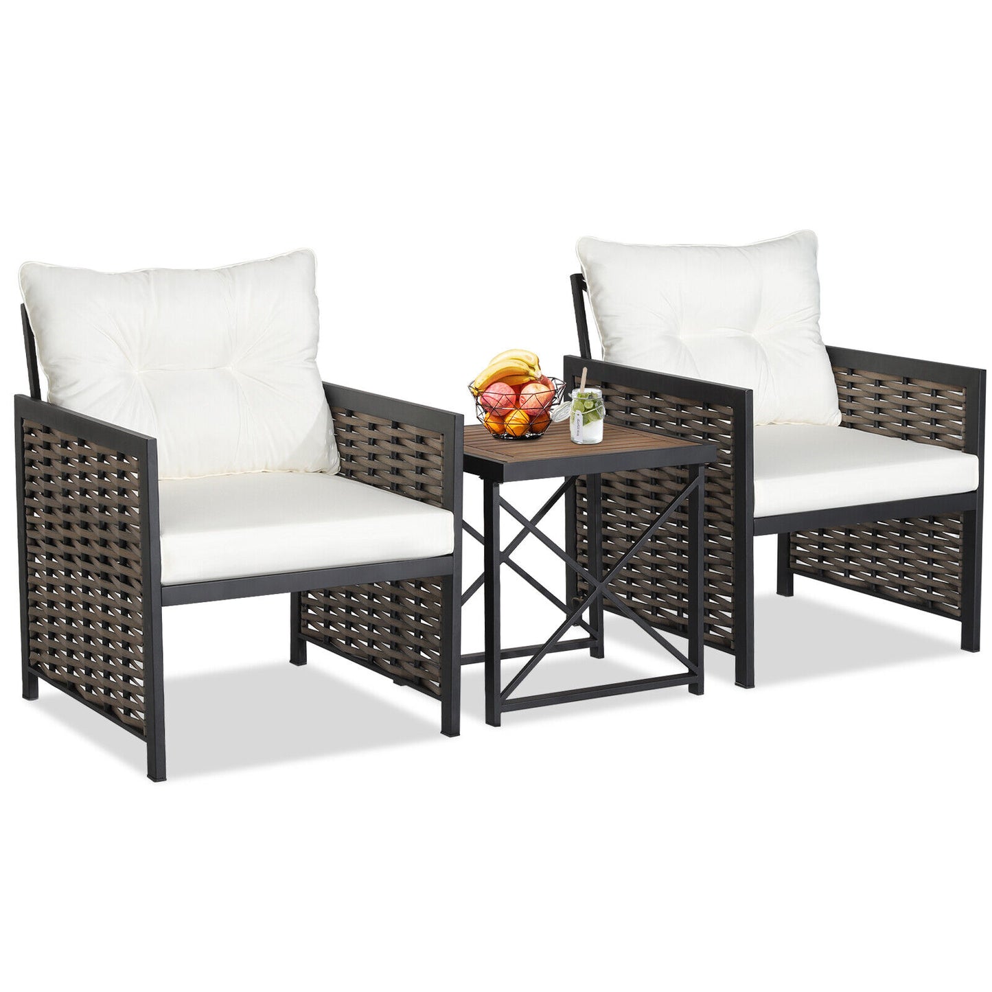 3-Piece Patio Rattan Set, Acacia Wood Tabletop, White