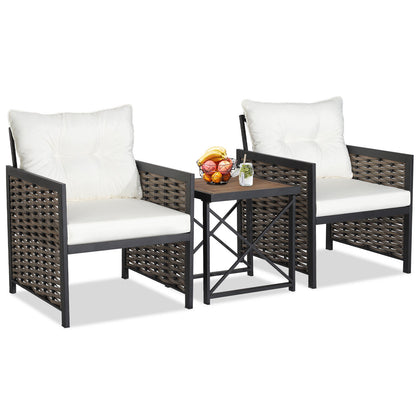 3-Piece Patio Rattan Set, Acacia Wood Tabletop, White