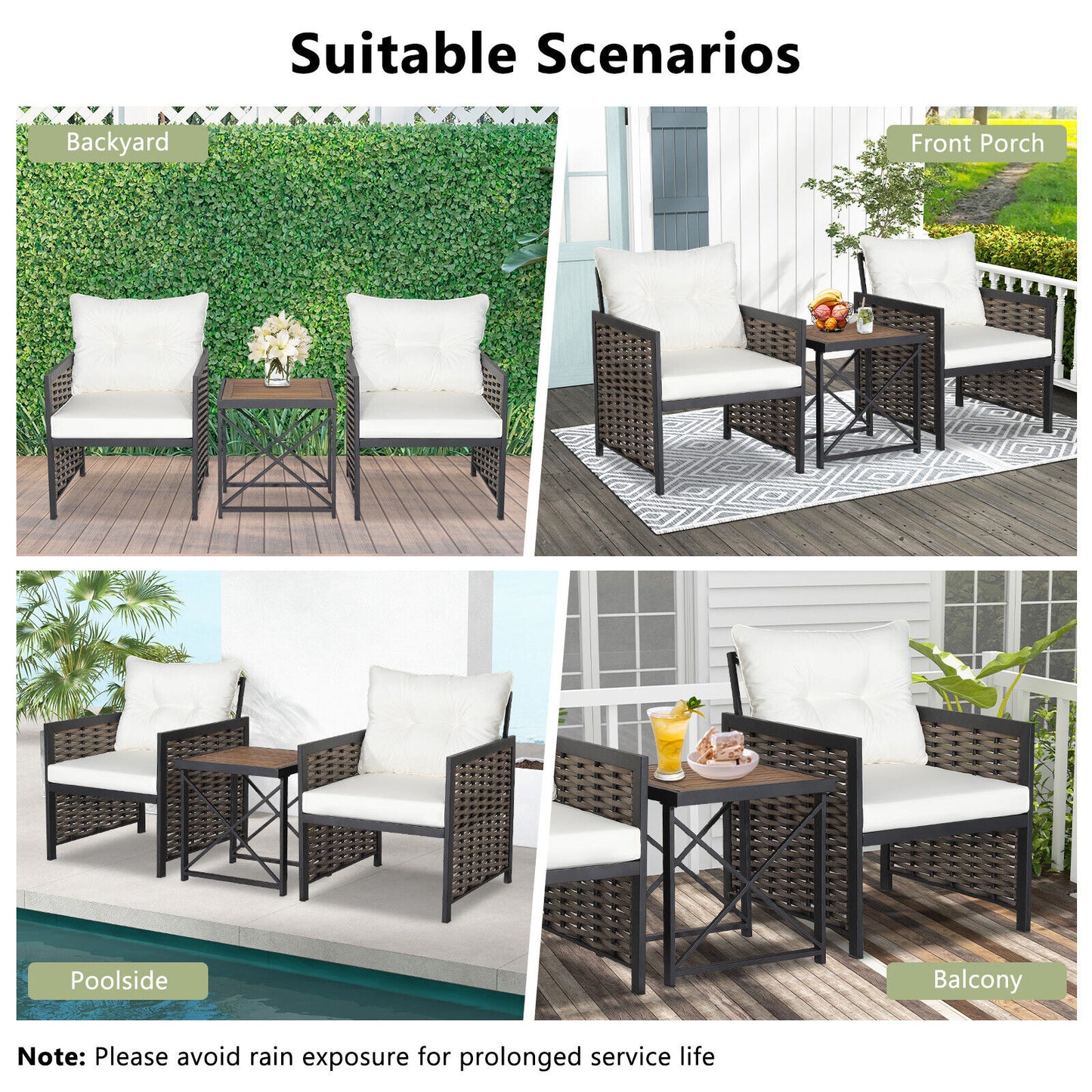 3-Piece Patio Rattan Set, Acacia Wood Tabletop, White