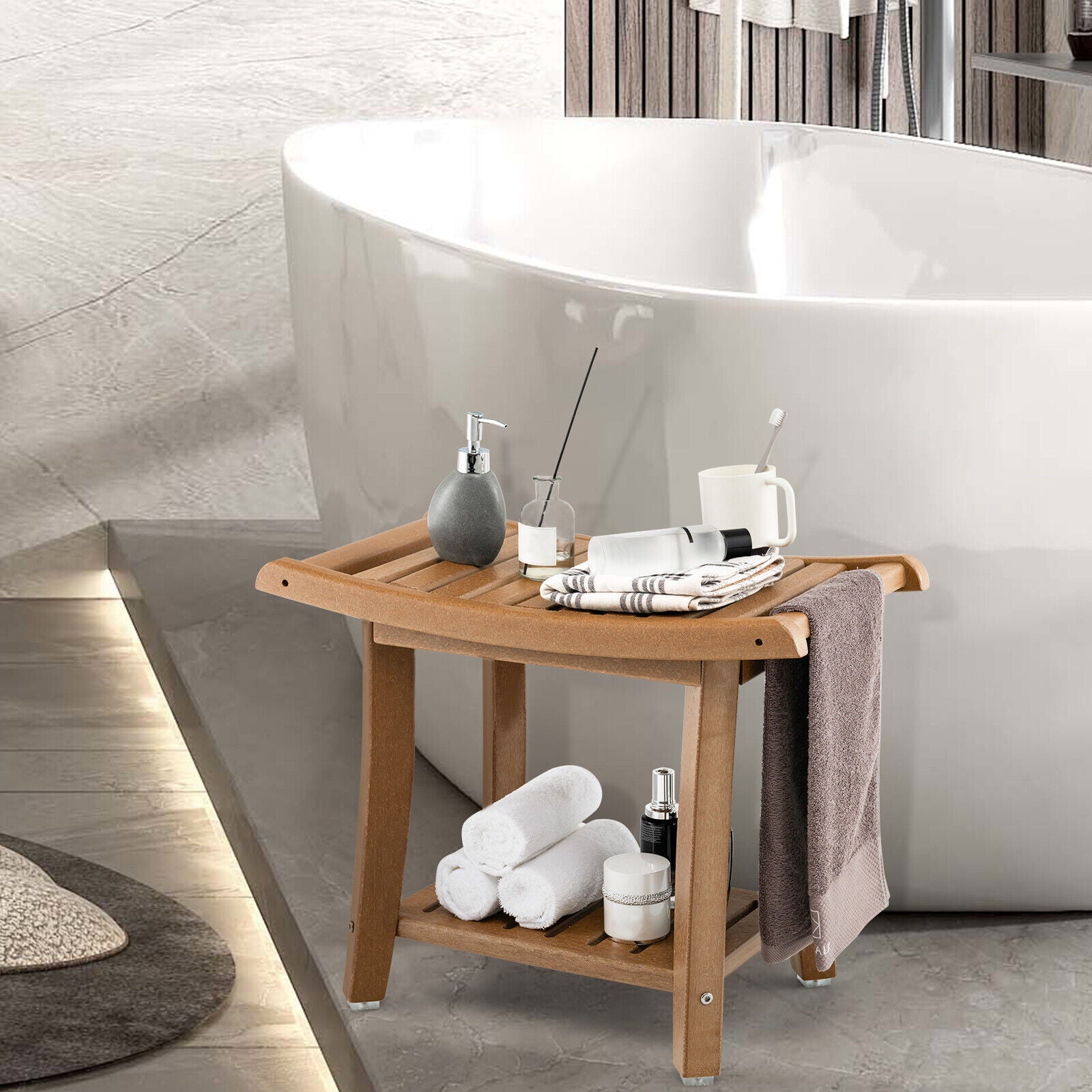 Waterproof Bath Stool with Curved Seat and Storage Shelf, Brown Bath Safety at Gallery Canada