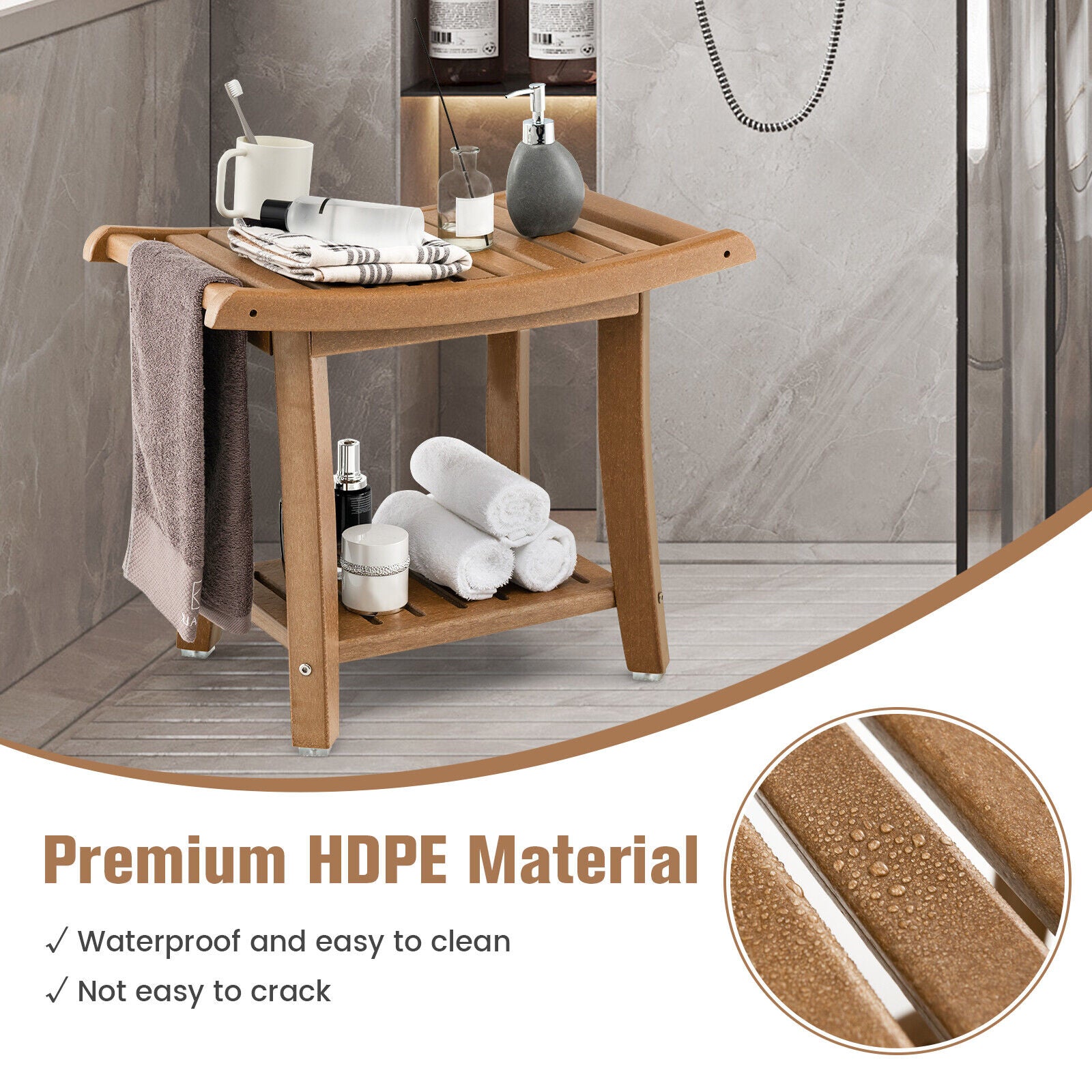 Waterproof Bath Stool with Curved Seat and Storage Shelf, Brown Bath Safety at Gallery Canada