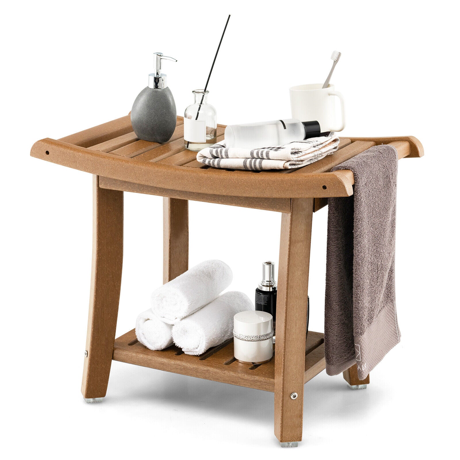 Waterproof Bath Stool with Curved Seat and Storage Shelf, Brown Bath Safety at Gallery Canada